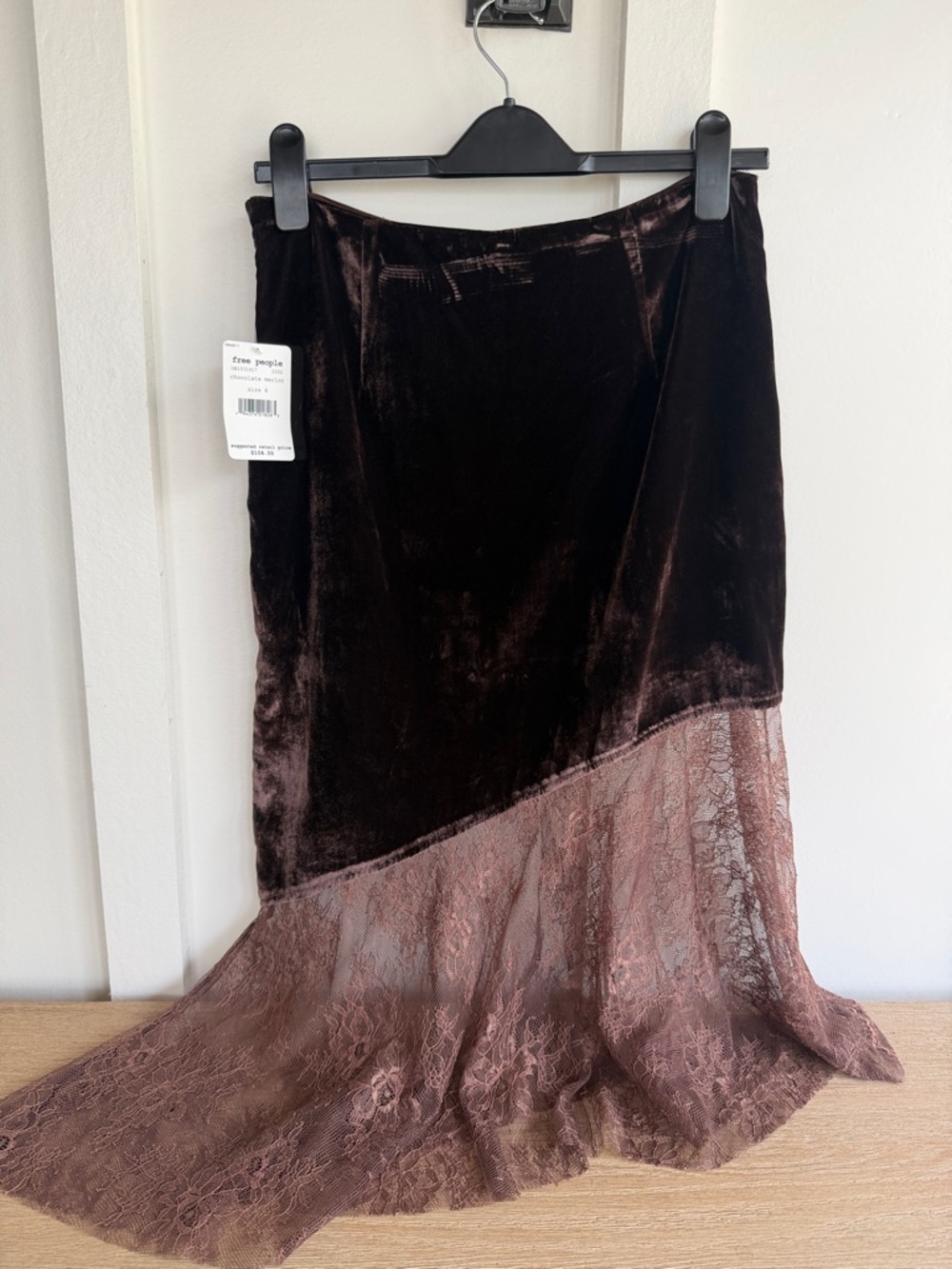 Free People Asymmetrical Velvet & Lace Skirt in Dark Brown and Dusty Rose